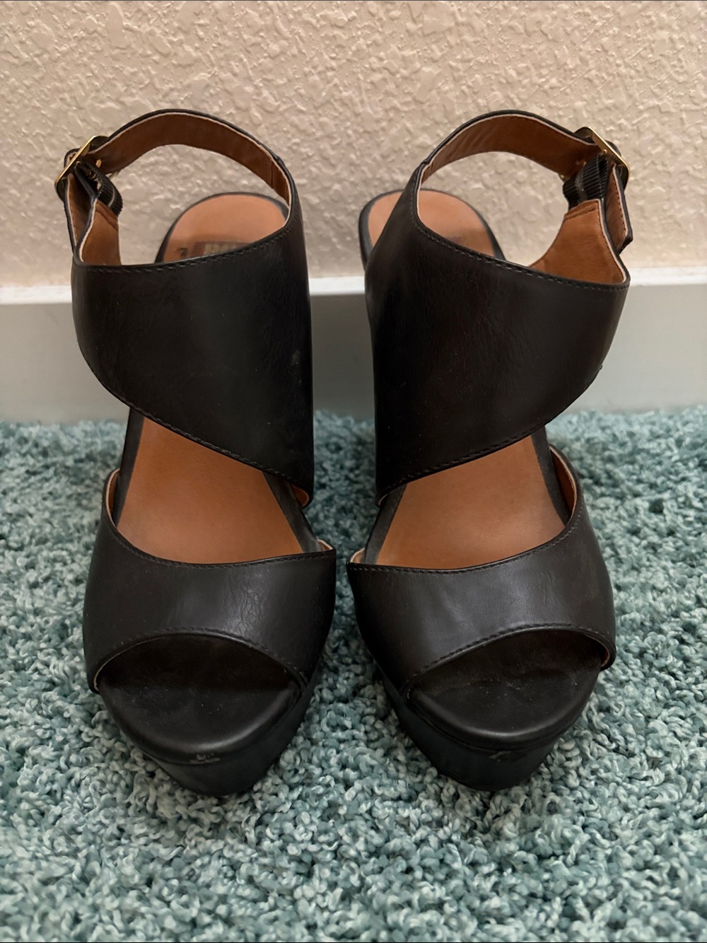 BC Women's Black Leather Slingback Platform Sandals